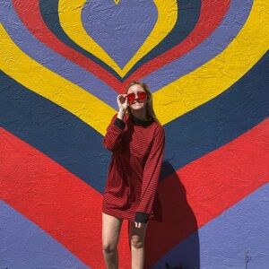 Red and black striped shirt dress